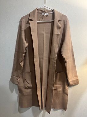 Open-Front Tan Longline Blazer with Patch Pockets